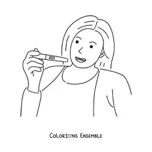 Image à colorier d'une femme heureuse qui tient un test de grossesse