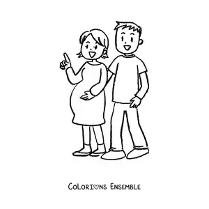 Image à colorier d'un couple marié dont la femme est enceinte