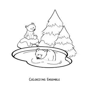 Image à colorier d'un couple d'ours polaires dans un lac à côté de quelques sapins
