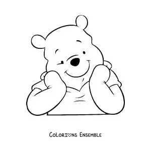 Image à colorier du visage de Winnie l'ourson, souriant, le menton posé sur ses mains