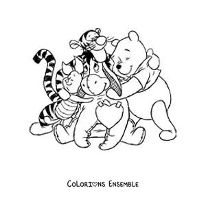 Image à colorier de Winnie l'ourson serrant ses amis dans ses bras