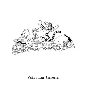 Image à colorier de Winnie l'ourson et ses amis qui jouent dans un petit train
