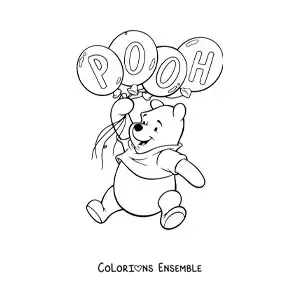 Image à colorier de Winnie l'ourson qui flotte en tenant des ballons portant son nom