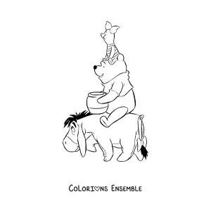 Image à colorier de Winnie l'ourson assis sur Bourriquet, avec Porcinet posé sur sa tête