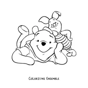 Image à colorier de Winnie l'ourson tout souriant à côté de Porcinet