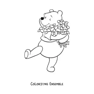 Image à colorier de Winnie l'ourson tout heureux serrant des fleurs dans ses bras