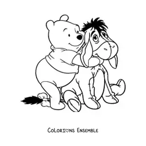 Image à colorier de Winnie l'ourson serrant Bourriquet dans ses bras