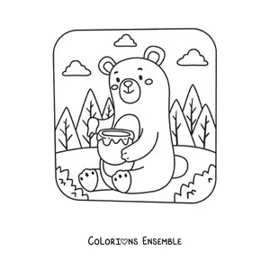 Image à colorier d'un ours kawaii rigolo assis dans la forêt qui mange du miel dans un pot