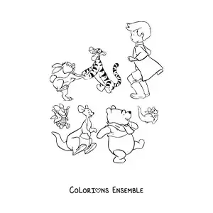 Image à colorier des amis de Winnie l'ourson qui jouent ensemble