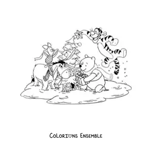 Image à colorier de Winnie l’ourson et ses amis décorant un sapin de Noël