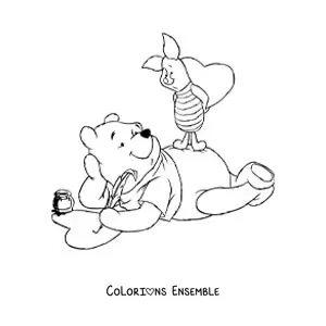 Image à colorier de Winnie l’ourson et Porcinet dessinant des cœurs