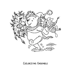 Image à colorier de Porcinet et Winnie l’ourson portant un sapin de Noël