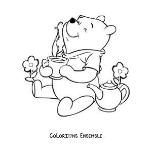 Image à colorier de Winnie l’ourson prenant le thé à côté de quelques fleurs