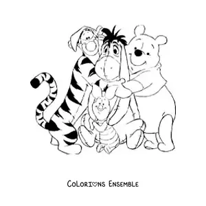 Image à colorier des amis de Winnie l’ourson se faisant un câlin tous ensemble