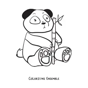 Image à colorier d'un panda kawaii assis qui tient une branche de bambou