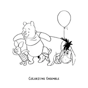 Image à colorier de Winnie l’ourson avec Bourriquet et Porcinet