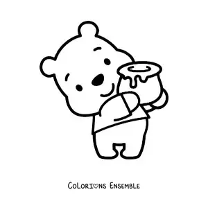 Image à colorier de Winnie l’ourson kawaii tenant un pot de miel