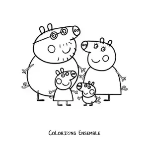 Image à colorier de Peppa avec ses parents et son petit frère