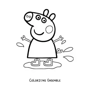 Image à colorier de Peppa en bottes sautant dans une flaque de boue