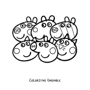 Image à colorier des visages des amis de Peppa