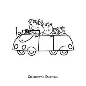 Image à colorier de Peppa et sa famille en balade en voiture