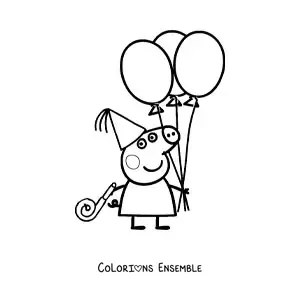 Image à colorier de Peppa portant un chapeau de fête et tenant plusieurs ballons