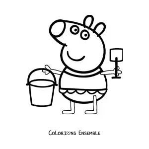 Image à colorier de Peppa en maillot de bain tenant un seau et une pelle pour le sable
