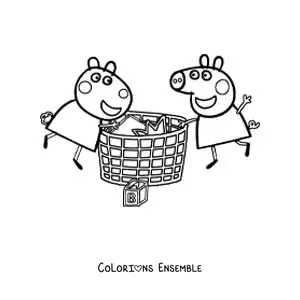 Image à colorier de Peppa et Suzy fouillant dans un grand panier