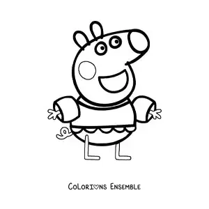 Image à colorier de Peppa heureuse en maillot de bain avec des bouées