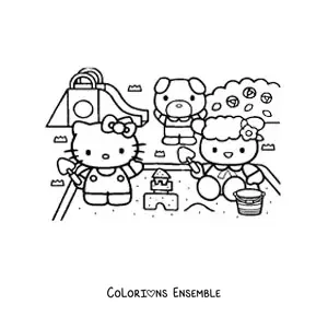 Image à colorier de Hello Kitty jouant avec ses amis dans le bac à sable du parc
