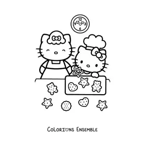 Image à colorier de Hello Kitty faisant cuire des biscuits avec sa maman