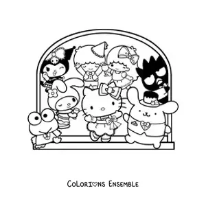 Image à colorier de Hello Kitty avec plusieurs personnages amis de Sanrio