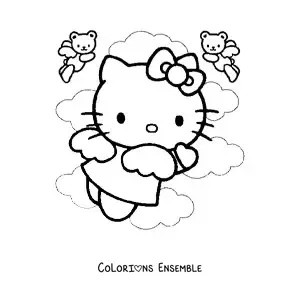 Image à colorier de Hello Kitty déguisée en ange parmi les nuages, avec deux petits ours anges