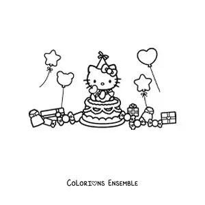 Image à colorier de Hello Kitty sur un gâteau d’anniversaire, entourée de ballons et de cadeaux