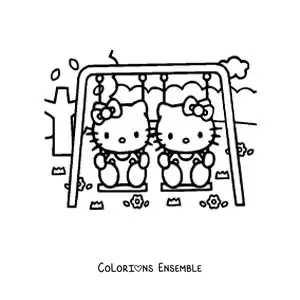 Image à colorier de Hello Kitty assise avec sa sœur sur une balançoire