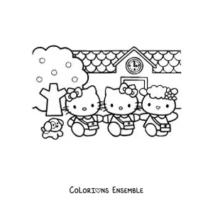 Image à colorier de Hello Kitty avec ses amis devant le bâtiment de l’école