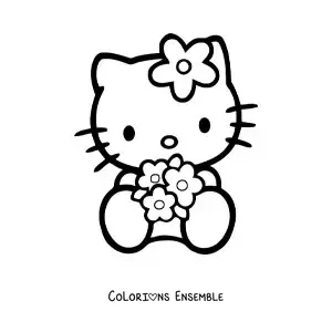 Image à colorier de Hello Kitty assise tenant un bouquet de fleurs