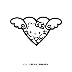 Image à colorier de Hello Kitty déguisée en ange à l’intérieur d’un cœur ailé