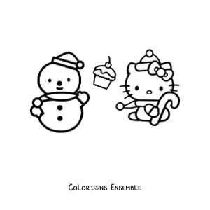 Image à colorier de Hello Kitty habillée pour Noël à côté d’un bonhomme de neige