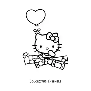 Image à colorier de Hello Kitty assise, entourée de cadeaux et d’un ballon