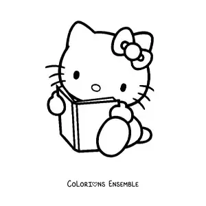 Image à colorier de Hello Kitty assise en train de lire un livre