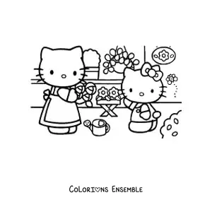 Image à colorier de Hello Kitty arrangeant des fleurs avec sa maman