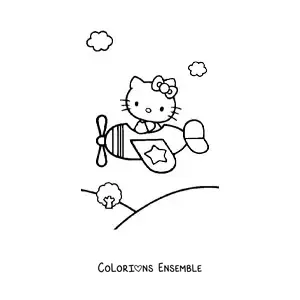 Image à colorier de Hello Kitty pilotant un avion au-dessus d’un paysage de montagnes