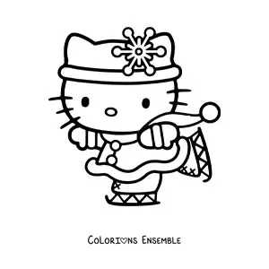 Image à colorier de Hello Kitty patinant sur la glace avec un flocon de neige en décoration