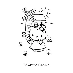 Image à colorier de Hello Kitty dans un jardin à côté d’un moulin