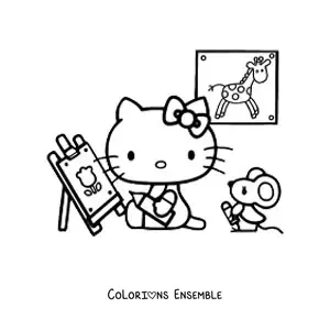 Image à colorier de Hello Kitty peignant sur un chevalet à côté d’une petite souris