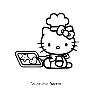 Image à colorier de Hello Kitty avec une toque de chef tenant un plateau de biscuits tout chauds