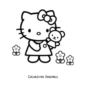 Image à colorier de Hello Kitty parmi des fleurs, tenant un petit ours dans la main