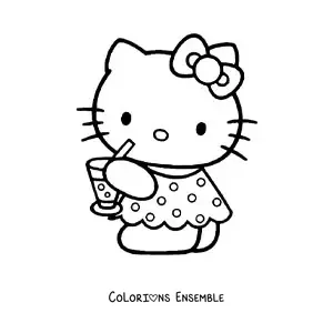 Image à colorier de Hello Kitty en tenue d’été buvant un soda