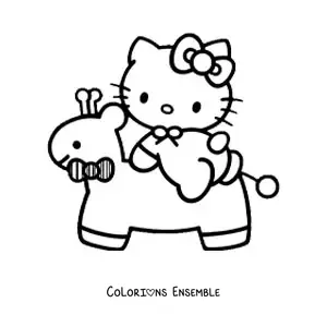 Image à colorier de Hello Kitty bébé sur une girafe en peluche